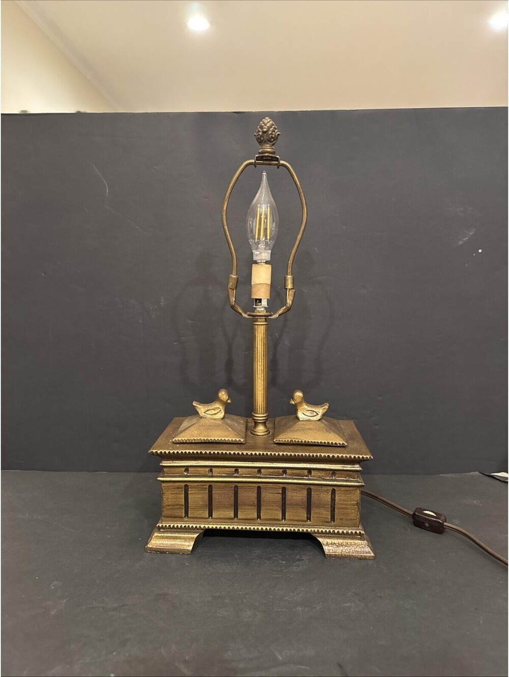 Vintage Table Lamp With Carved Wood And Duck Storage Boxes 17.5” H No Shade